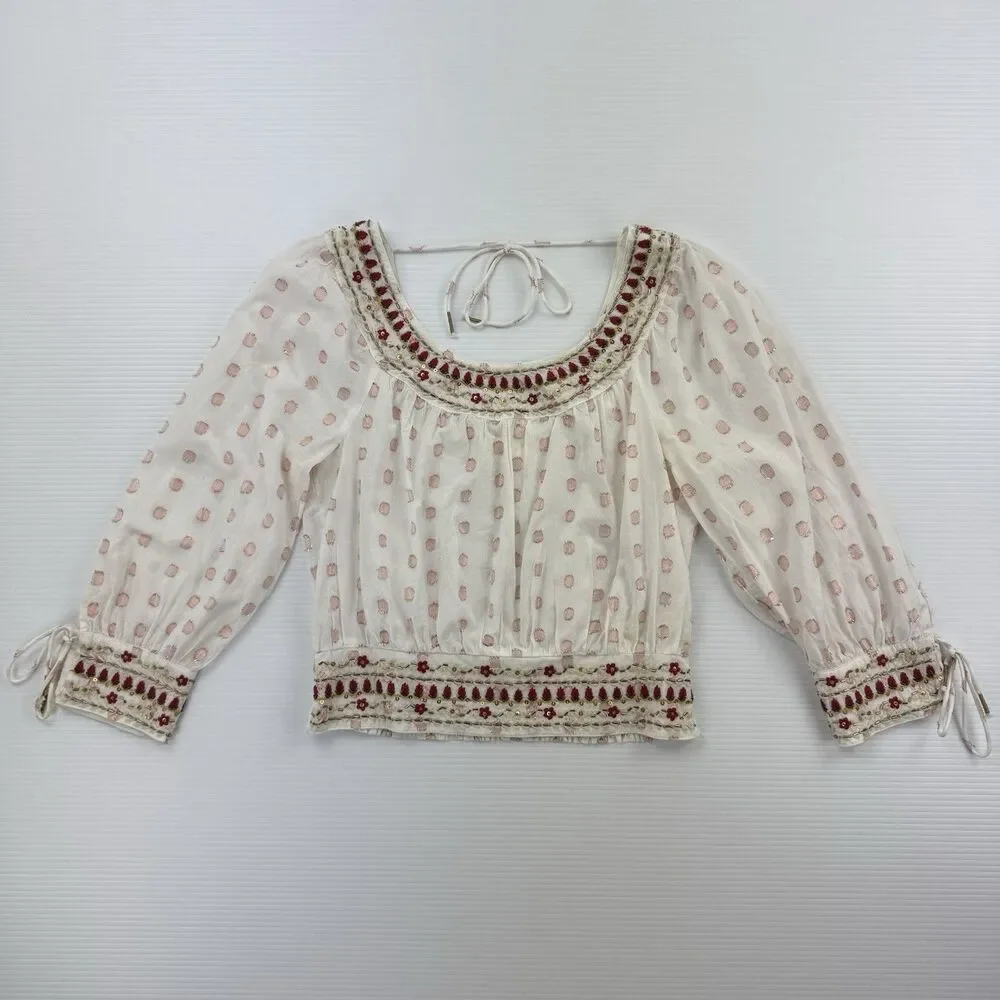 Anthropologie Beaded Embroidered Peasant Crop Top Small Boho India Metallic Dot